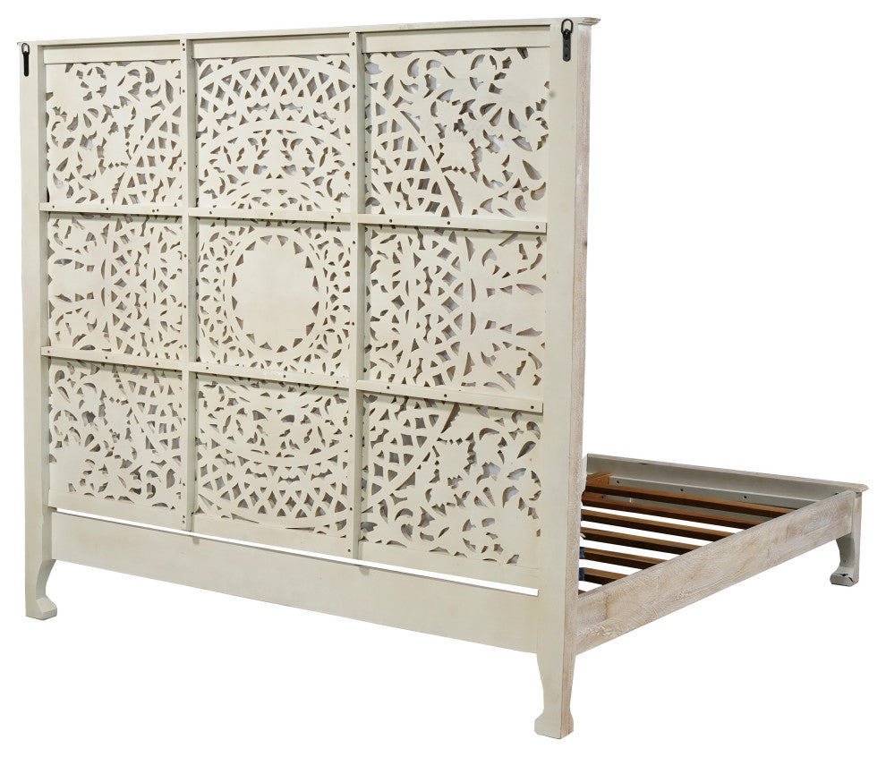 Milano Floral Carved Solid Wood Queen Panel Bed, White, King