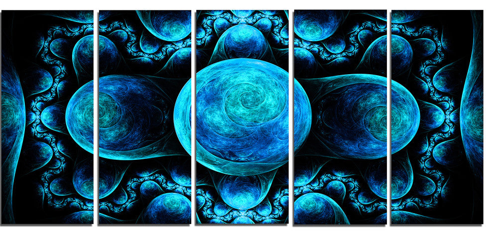 Blue Exotic Pattern on Black, Abstract Art on Canvas, 60"x28", 5 Panels