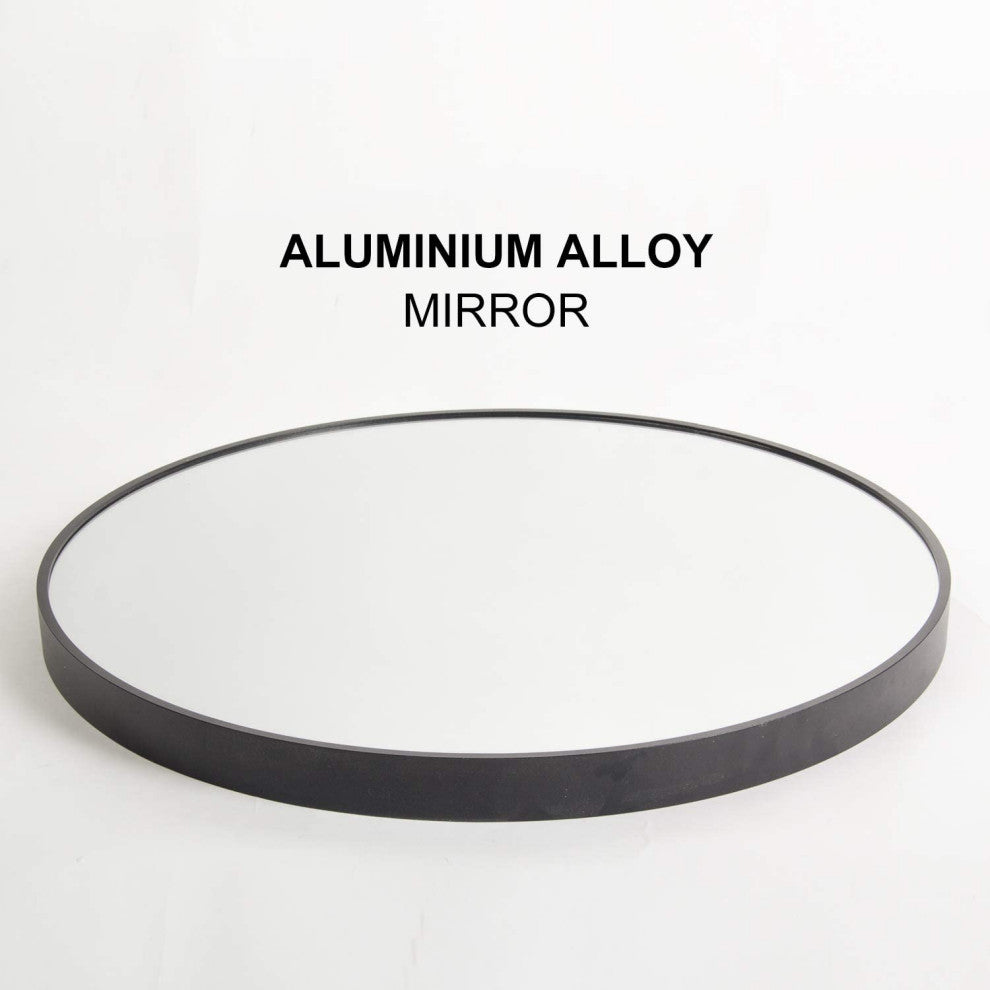Round Aluminium Framed Wall Mounted Mirror in Black, Black, 24"