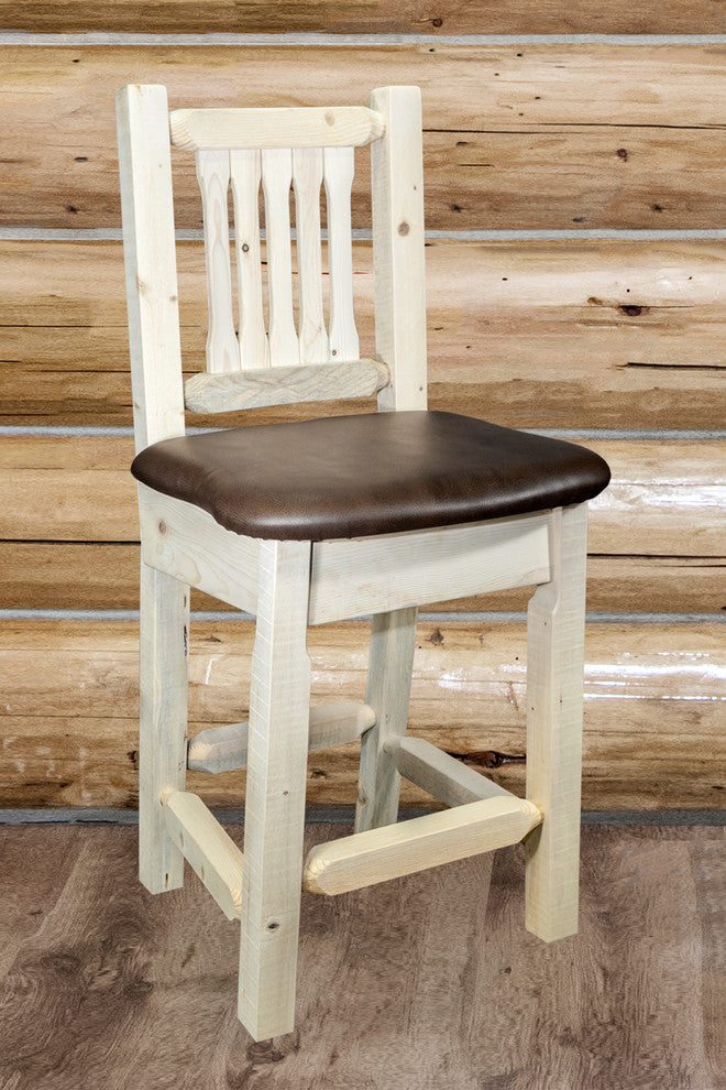 Homestead Bar Stool With Back, Saddle Upholstery, Clear Lacquer Finish