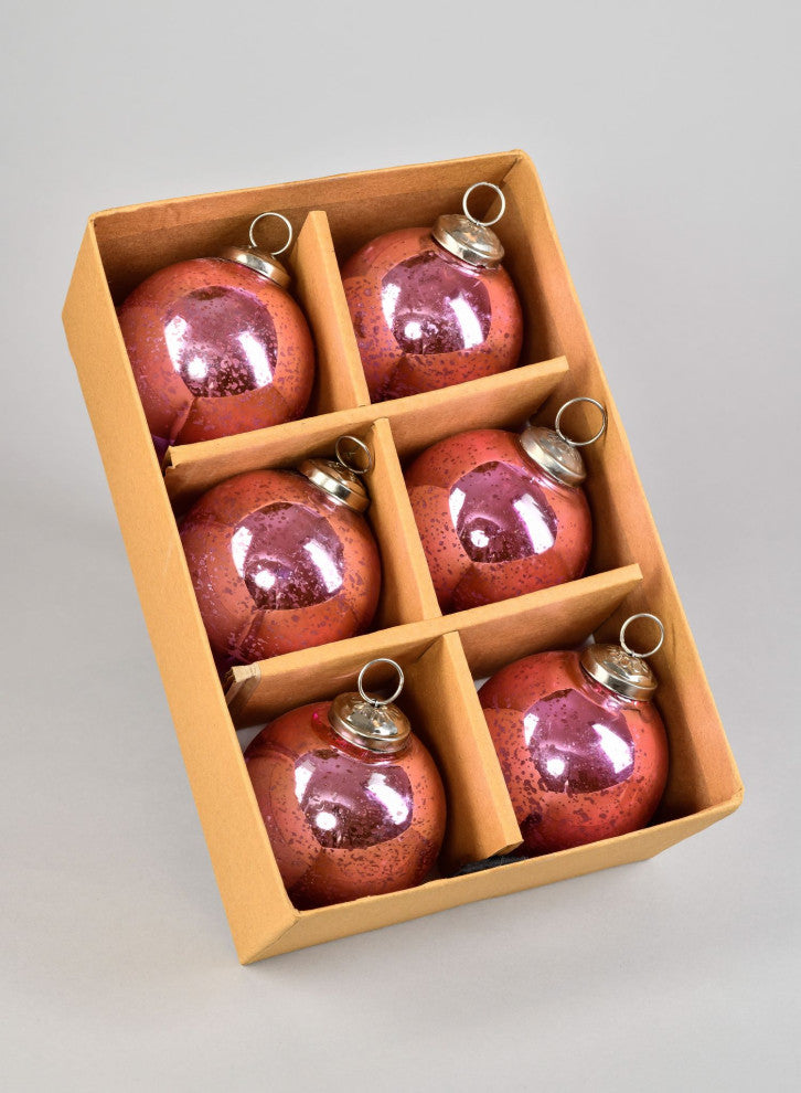 Set of 6 Antique Rose Pink Glass Ball Ornament in Window Box, 4"x3"