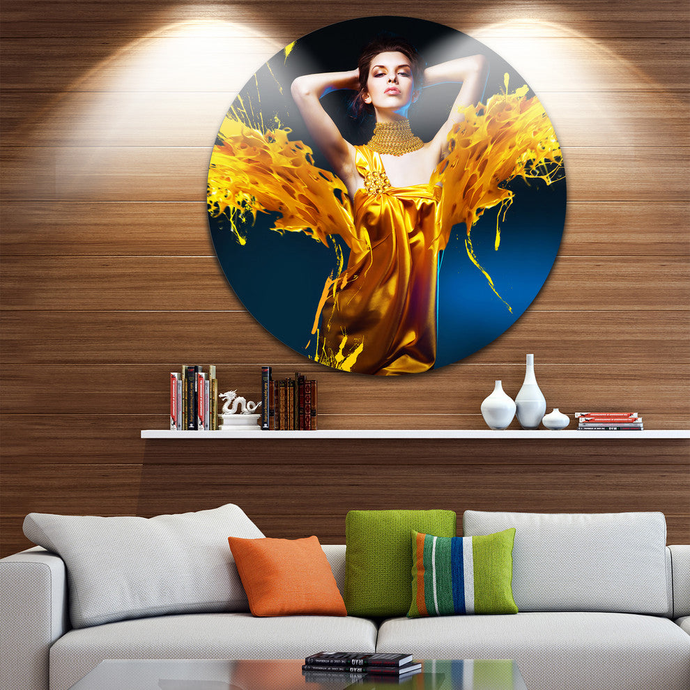 Woman In Yellow With Jewelry, Art Portrait Disc Metal Artwork, 36"