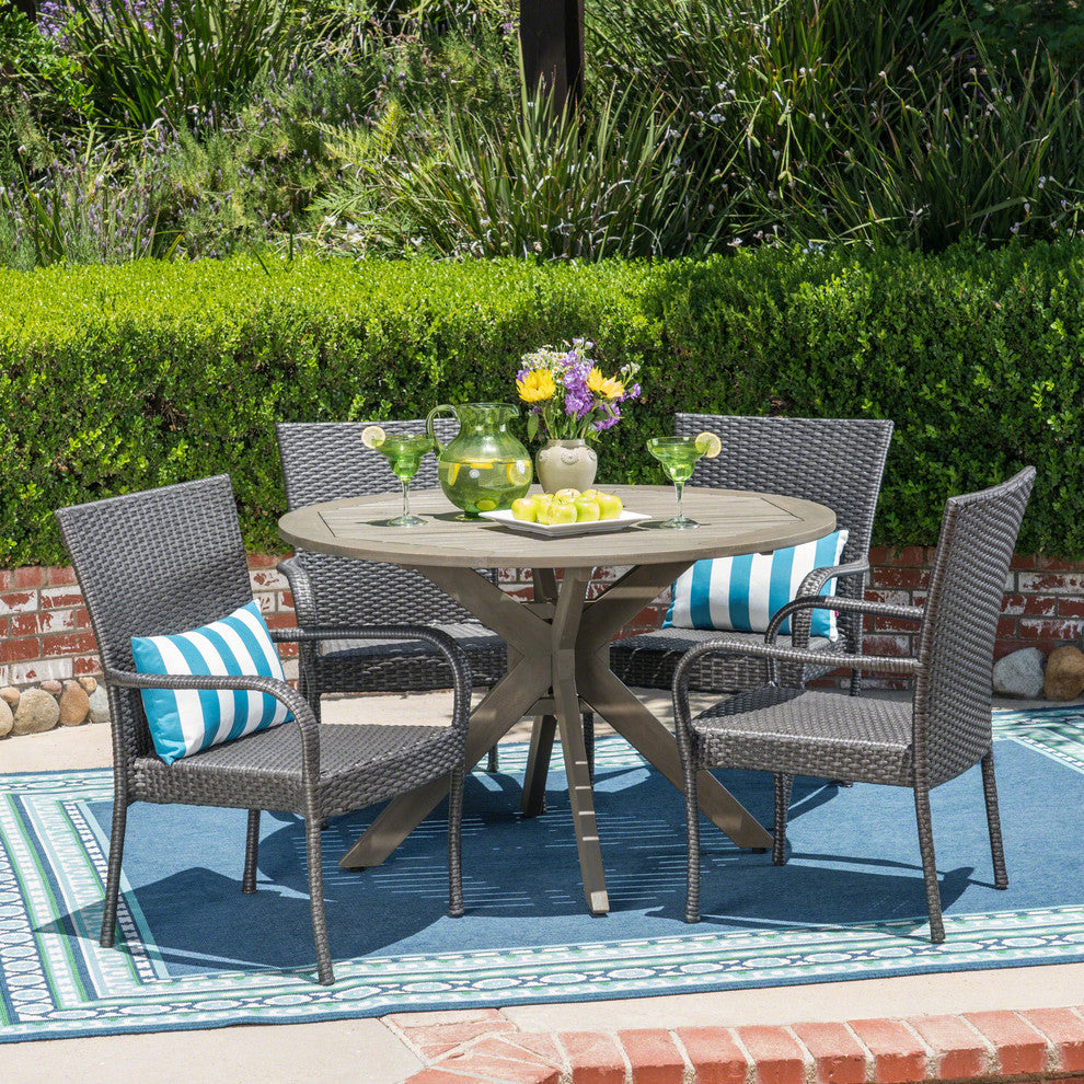 GDF Studio 5-Piece Murrary Outdoor Wood and Wicker Dining Set, Gray and Gray