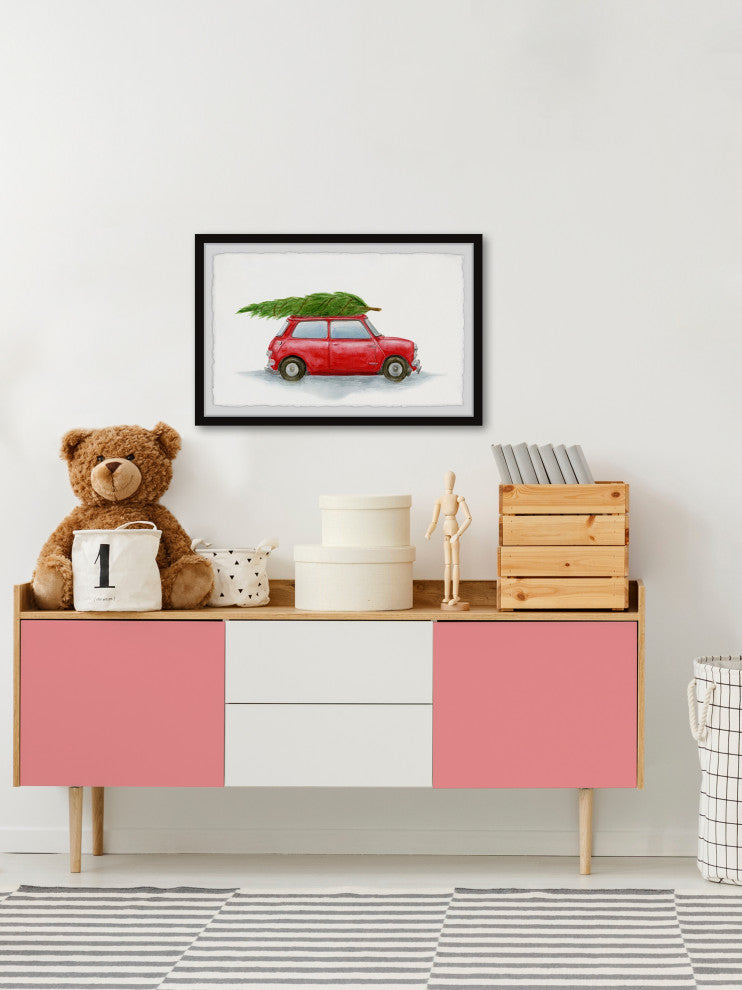 "Red Car With Green Pine" Framed Painting Print, 12x8