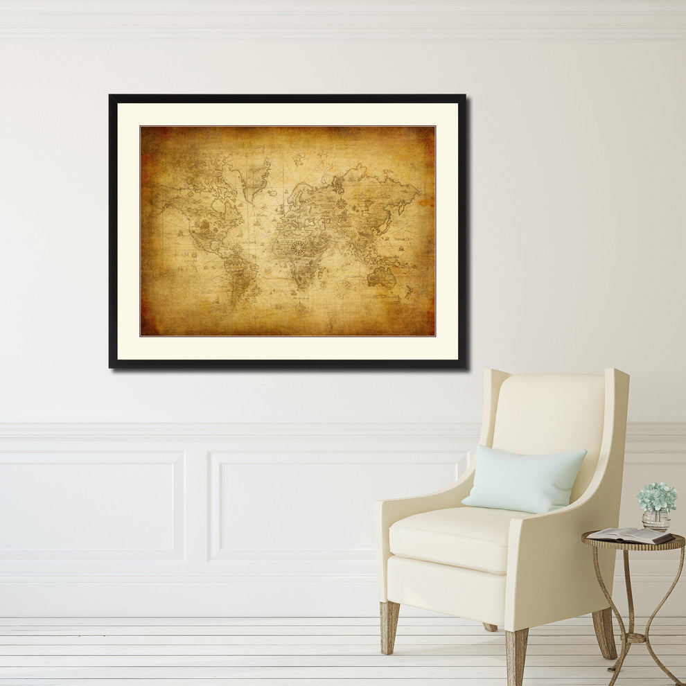 Ancient World Map Print On Canvas With Black Frame, 16" X 21"