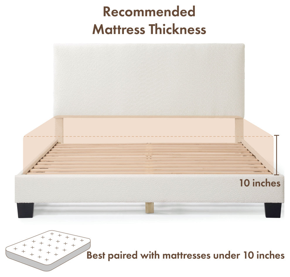 Miles White Boucle Upholstered Wood Frame Platform Bed, Queen, Simple Standard