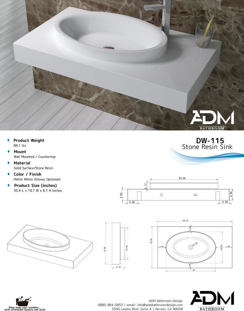 ADM Eclipse Wall Mounted Sink, White, 35", Matte White