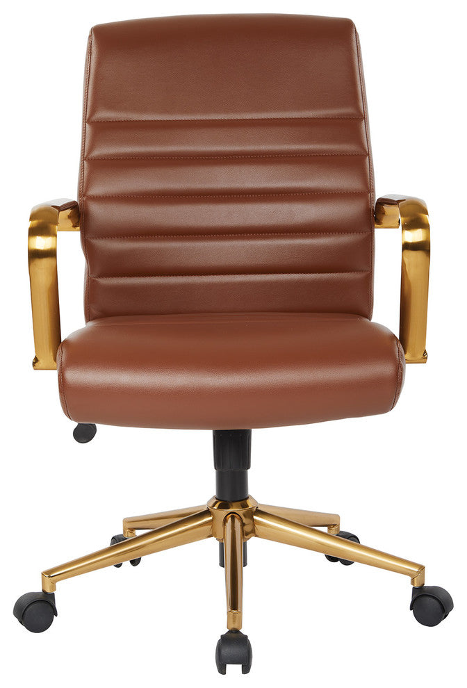 Mid-Back Faux Leather Chair With Gold Arms and Base, Saddle