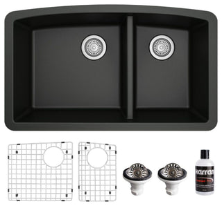 Karran Undermount Quartz 32" 60/40 Double Bowl Kitchen Sink Kit, Black
