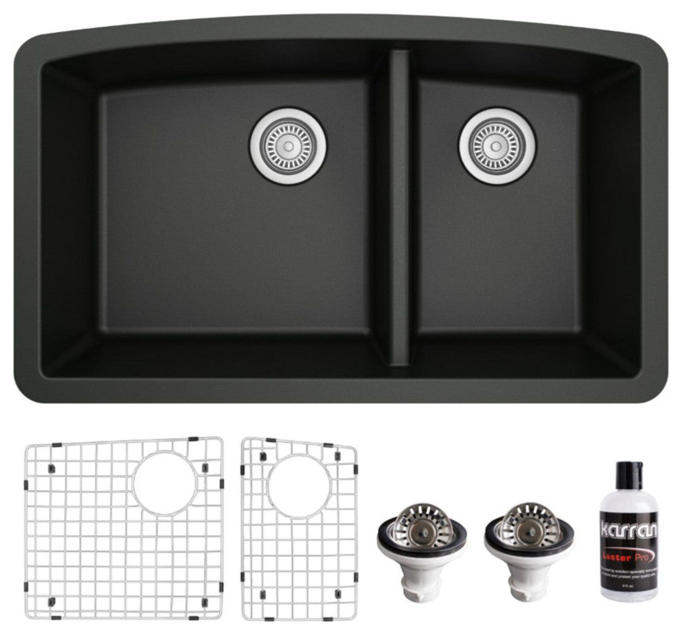 Karran Undermount Quartz 32" 60/40 Double Bowl Kitchen Sink Kit, Black