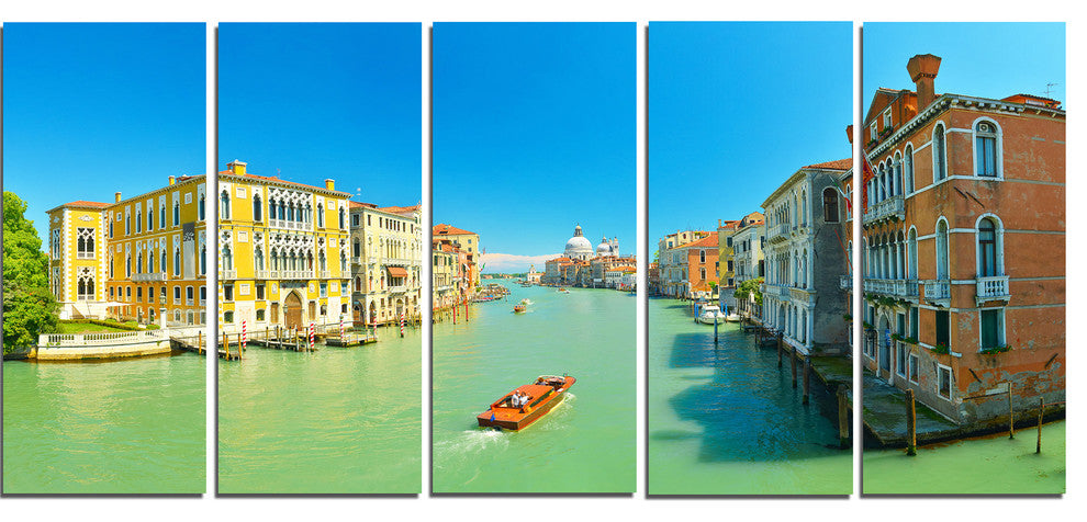 Green Grand Canal Venice, Landscape Canvas Art Print, 60"x28", 5 Panels