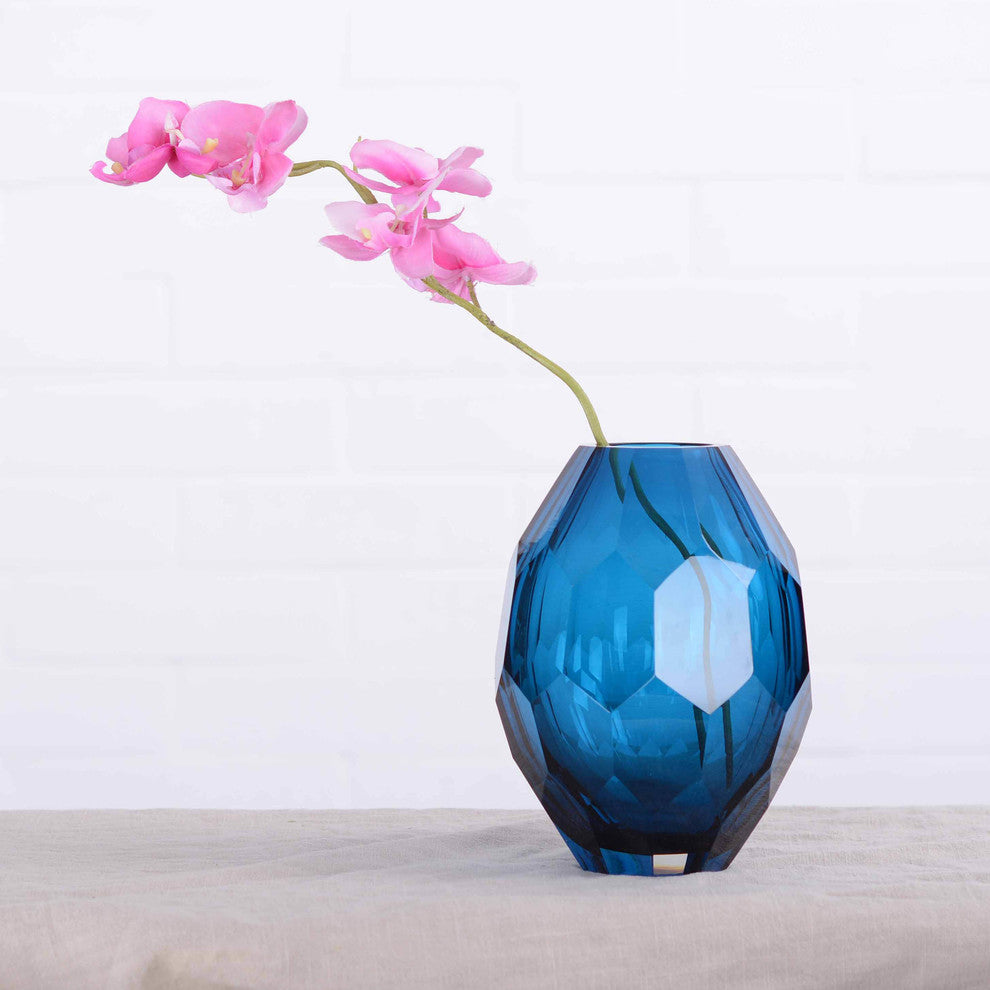 Diamond Solid Color Hand Blown Art Glass Vase, Gift Box, Blue