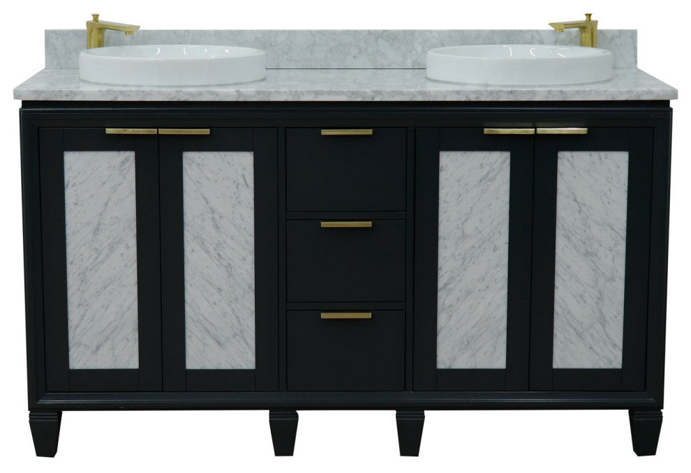 61" Double Sink Vanity, Dark Gray Finish With White Carrara Marble