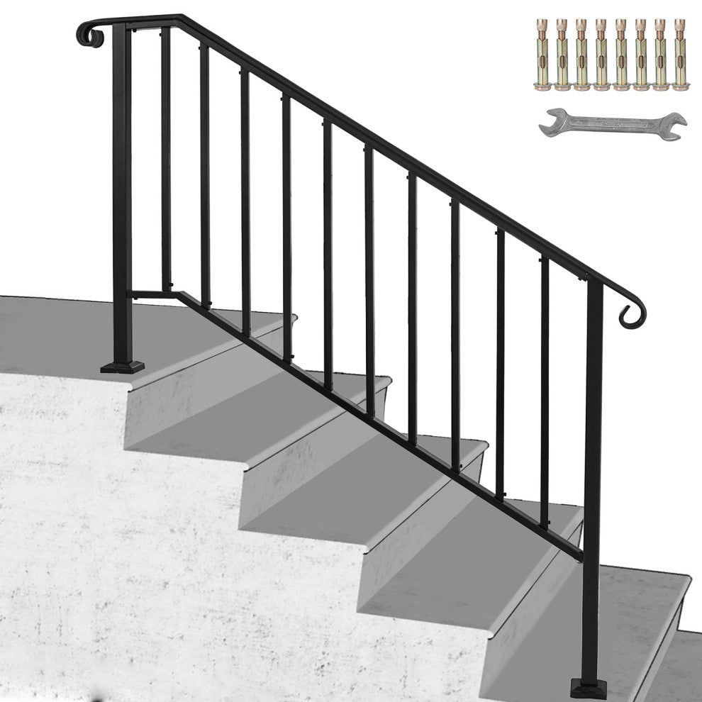 Wrought Iron Handrail Outdoor Stair Rail with Installation Kit, Black, Fit 4-5 Steps