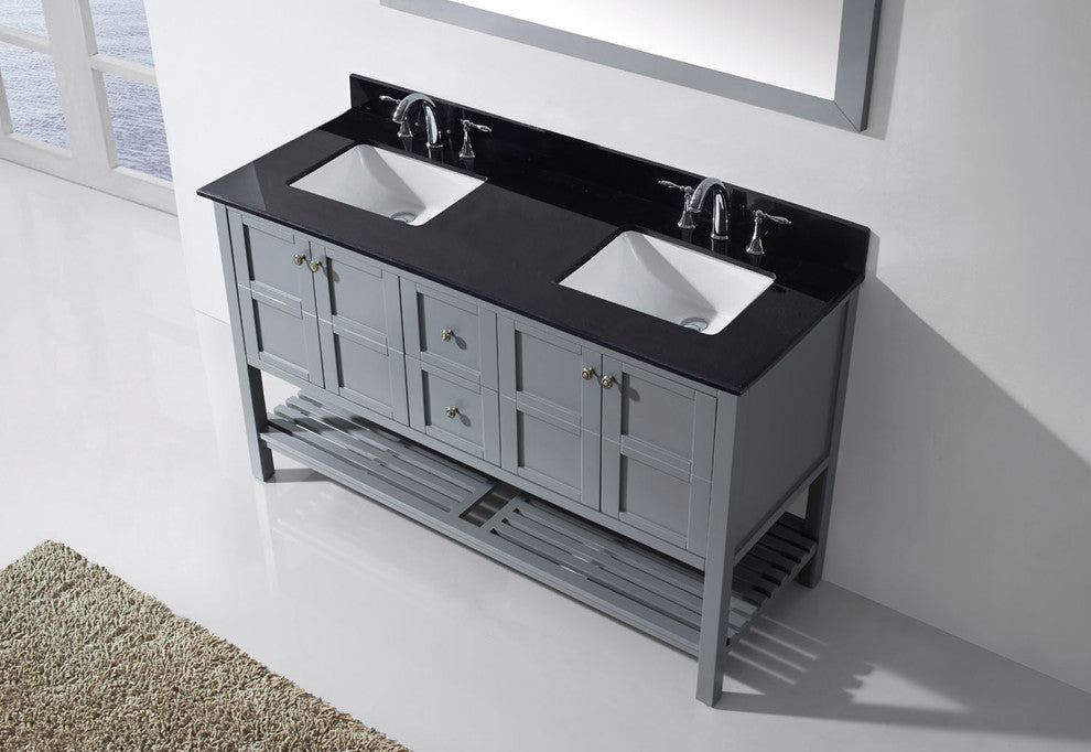 Virtu Winterfell 60" Double Bathroom Vanity, Gray , Black Granite Top, Mirror