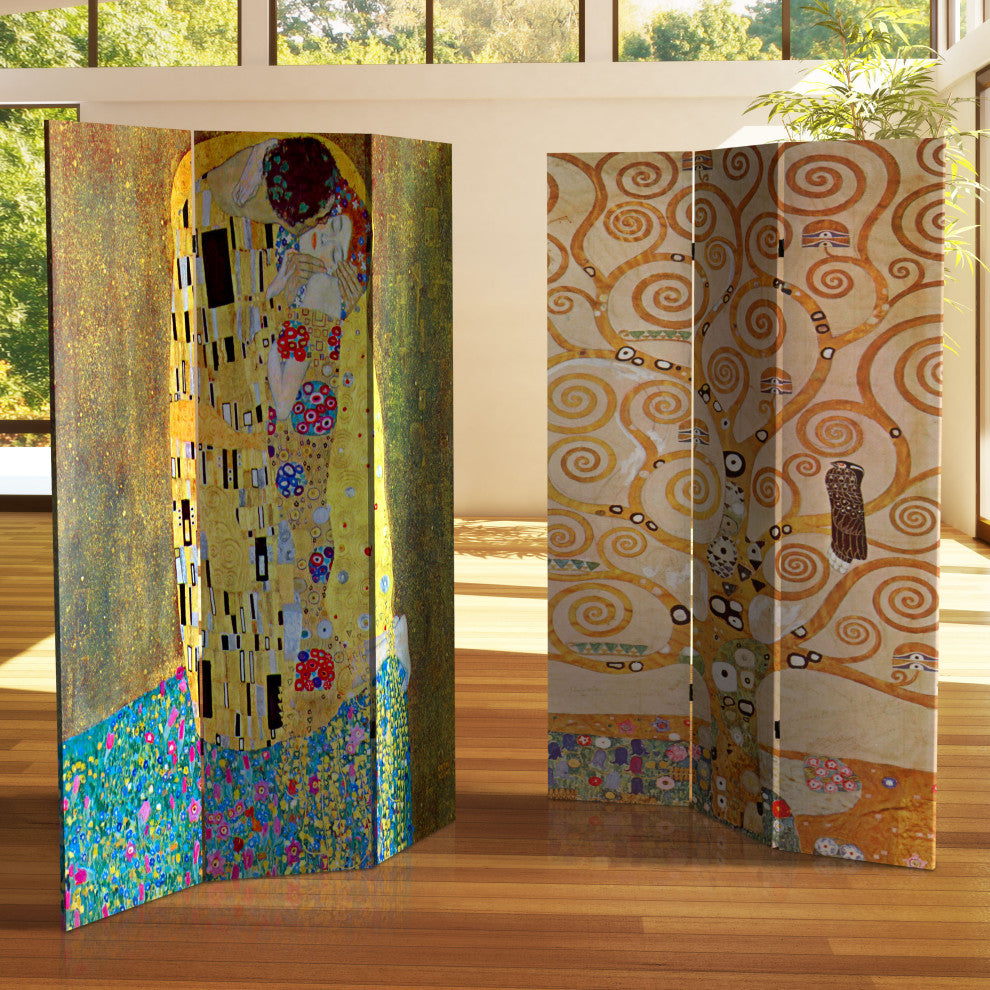 6' Tall Double Sided Works of Klimt Room Divider, The Kiss/Tree of Life