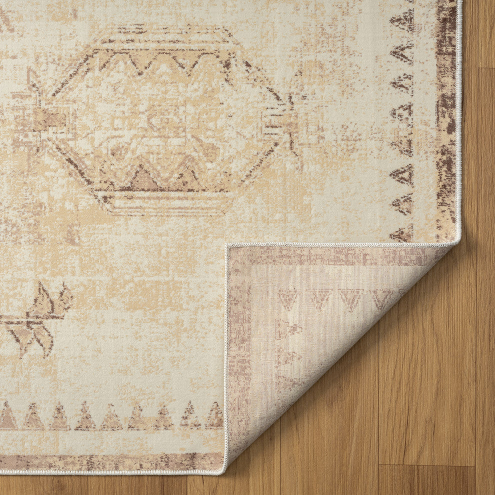 Ayla Beige Traditional Motif Waterproof Area Rug, 2' X 5'