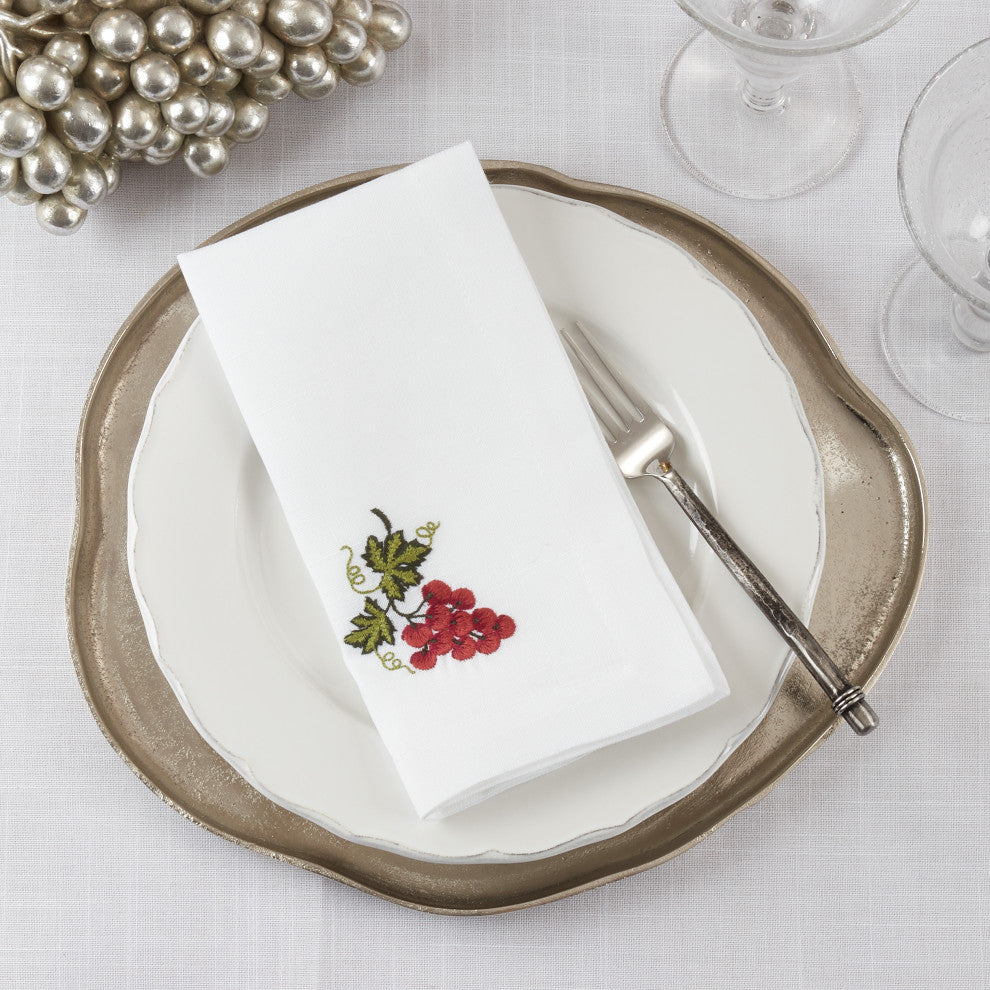 EmbroideredTable Napkins With Grapes Design (Set of 4), White, 20"x20"