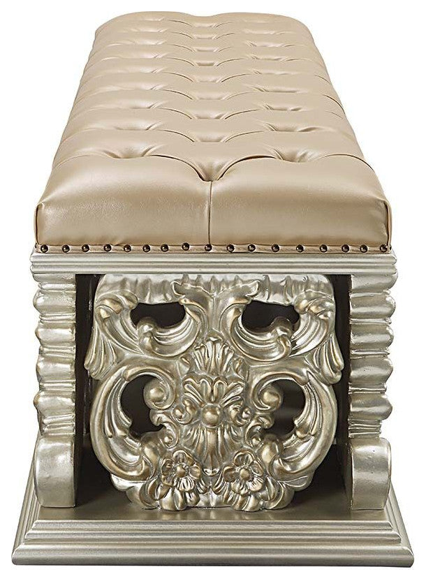Faux Leather Upholstered Bench, Antique Gold Finish