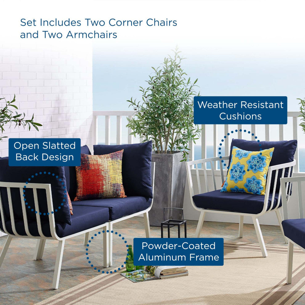 Lounge Sectional Sofa Chair Set, Aluminum, Metal, White Blue Navy, Outdoor