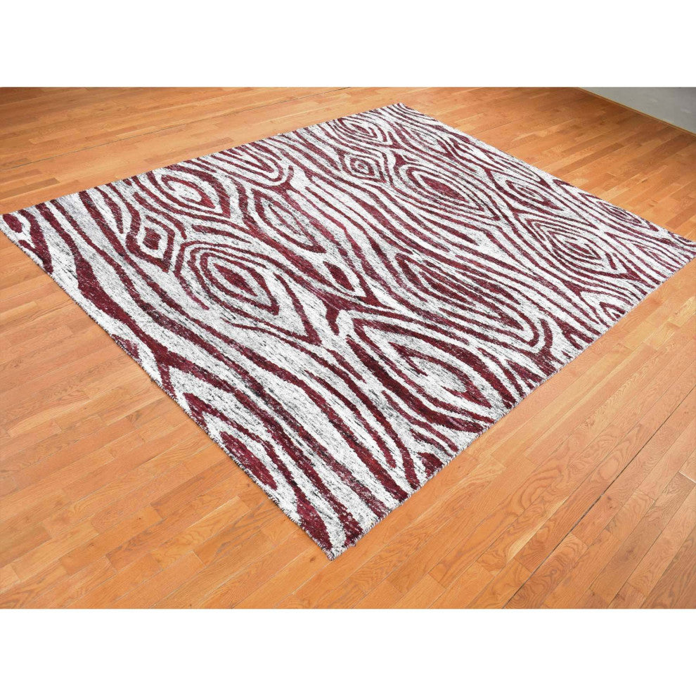 Ivory Man Made Silk Hand Knotted With Tree Bark Design Oriental Rug 9'x11'7"
