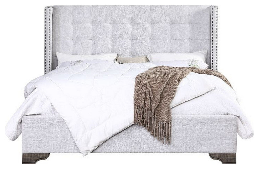 Benzara BM252725 Queen Bed With Full Fabric Upholstery and Tufting, Light Gray