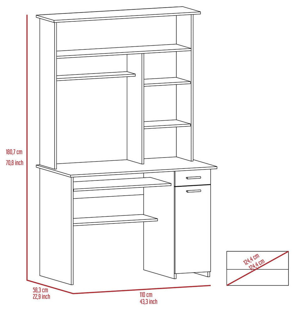 Weston 2 Computer Desk, With 2 Drawers, 6 Shelves And Hutch, Gray Oak