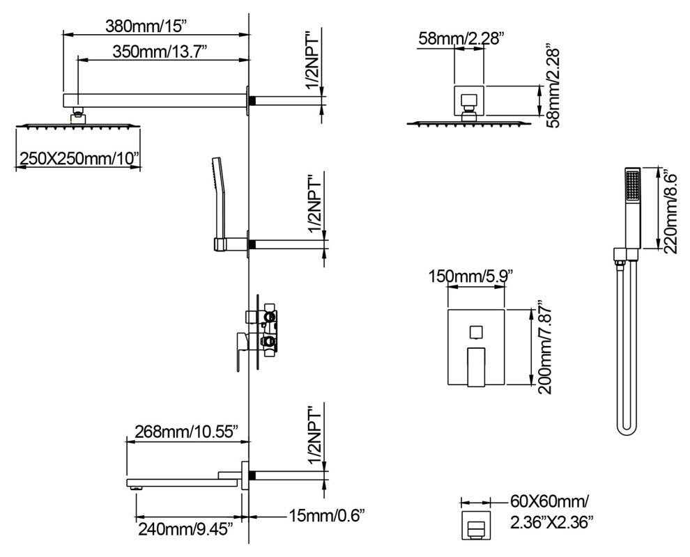 Pressure Balanced Water-Saving 3-Function Rain Shower System with Rough-in Valve