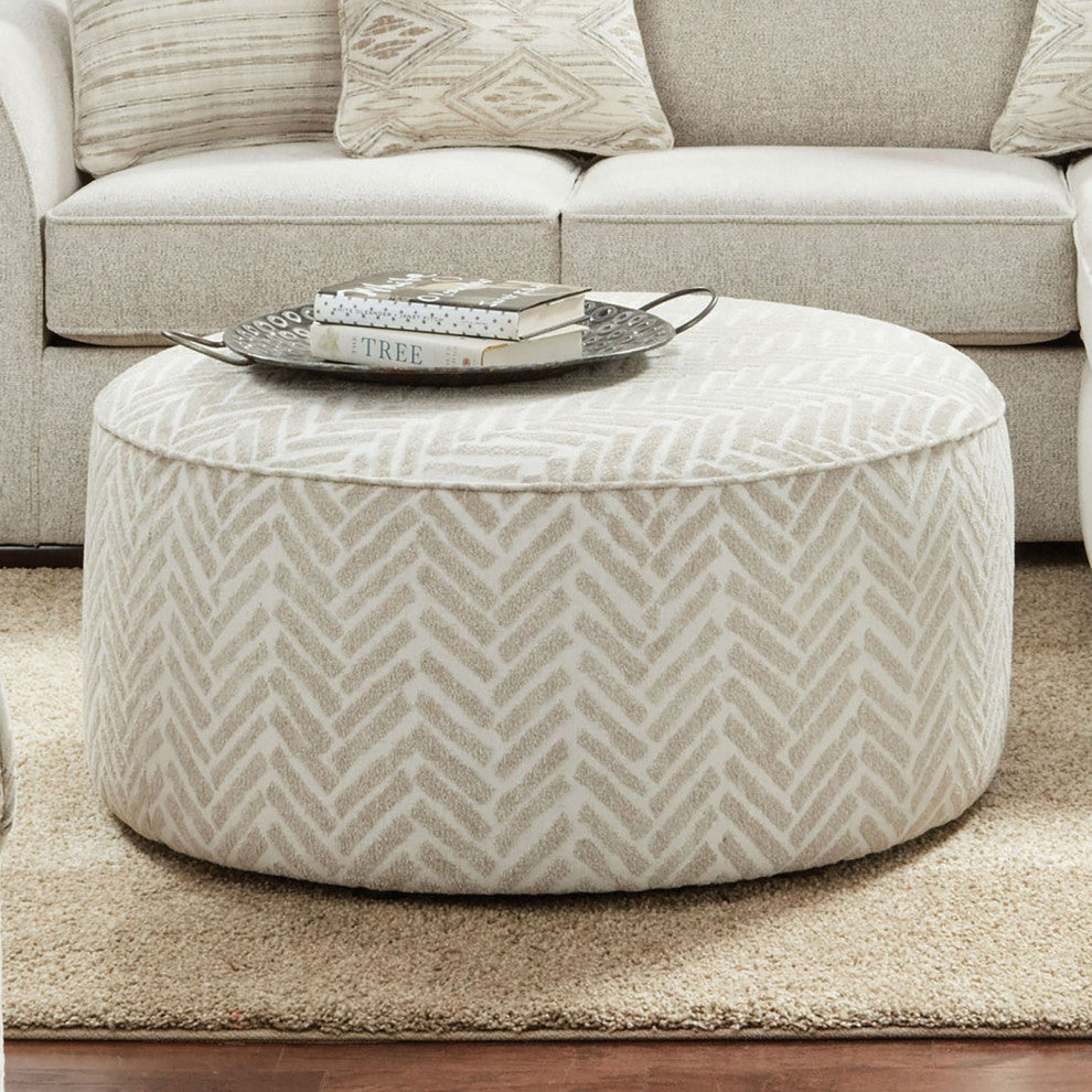 Chenille Upholstered Round Ottoman, Line Multi