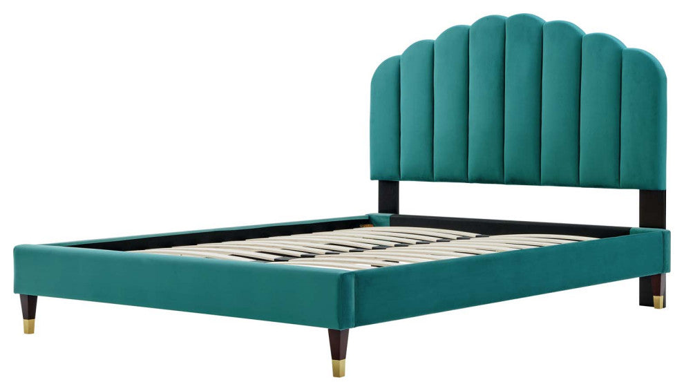 Platform Bed Frame, Queen Size, Teal Blue, Velvet, Modern, Bedroom Guest Suite
