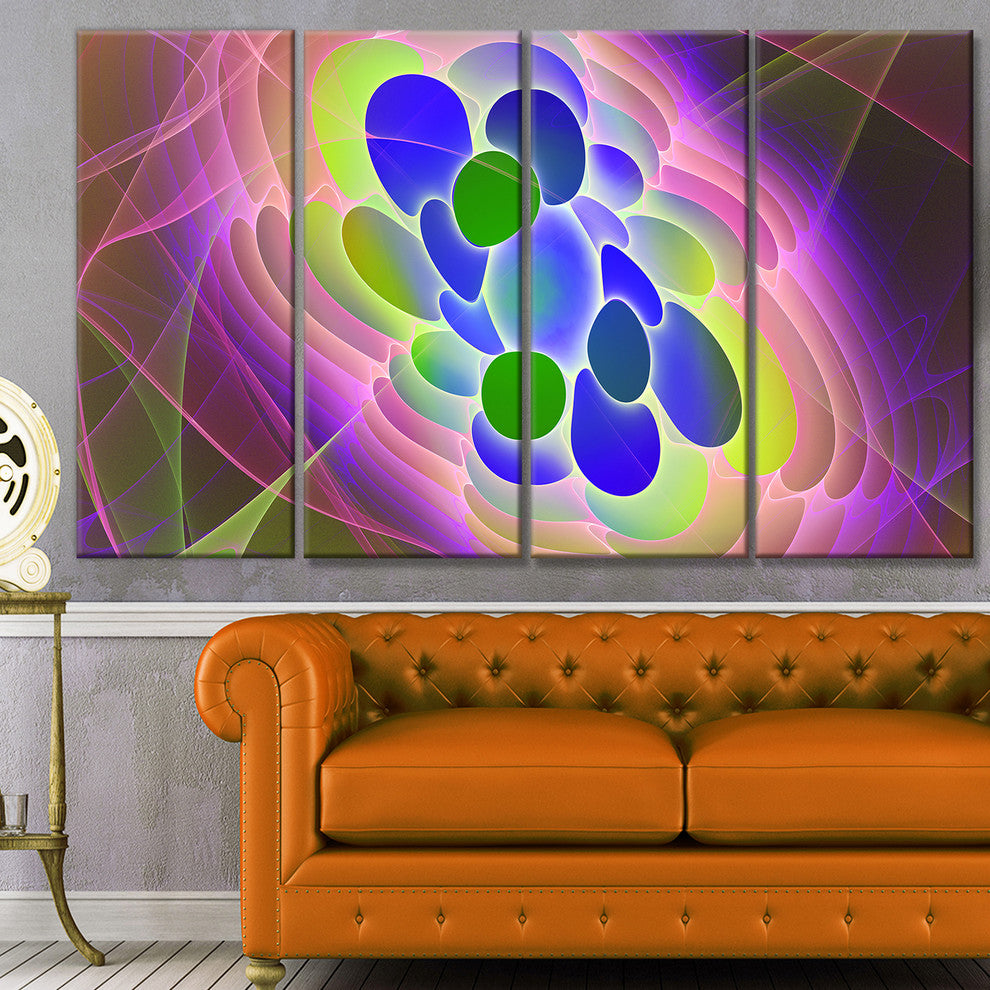 Blue Green Fractal Virus Design, Abstract Art on Canvas, 48"x28", 4 Panels