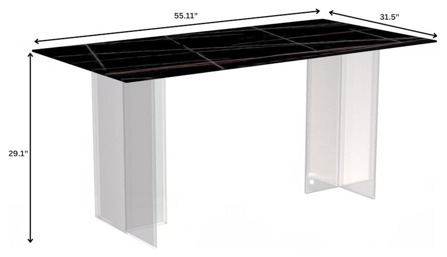 Kova Series Dining Table, Clear Base with 55 Black/Gold Sintered Stone Top