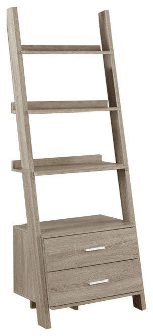 Bookcase, 69" Dark Taupe Ladder With 2 Storage Drawers