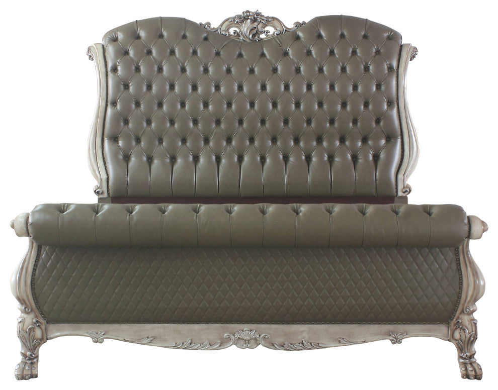 Acme Dresden Eastern King Bed w Tuffting and Nail Trim Vintage Bone White and PU