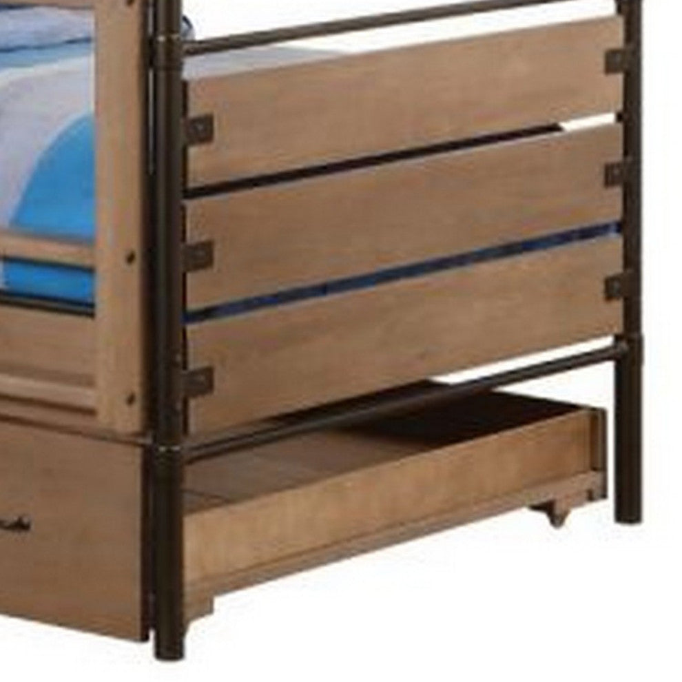 Benzara BM269015 Twin Over Twin Bunk Bed With Trundle & Guardrails, Rustic Brown