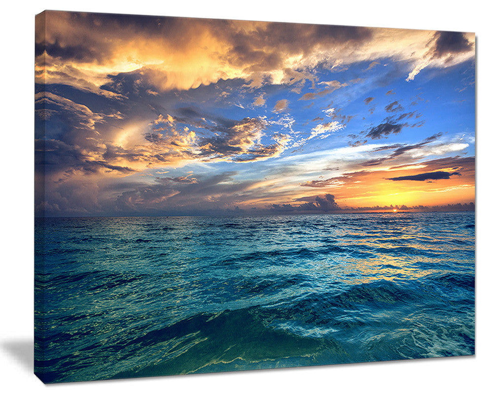 "Exotic Tropical Beach At Sunset" Modern Seashore Canvas Art, 20"x12"