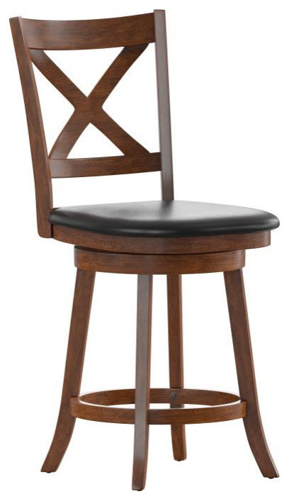 Felicity Wood Crossback Swivel Counter Height Barstool with Upholstered Seat, Black Vinyl/Antique Oak Frame