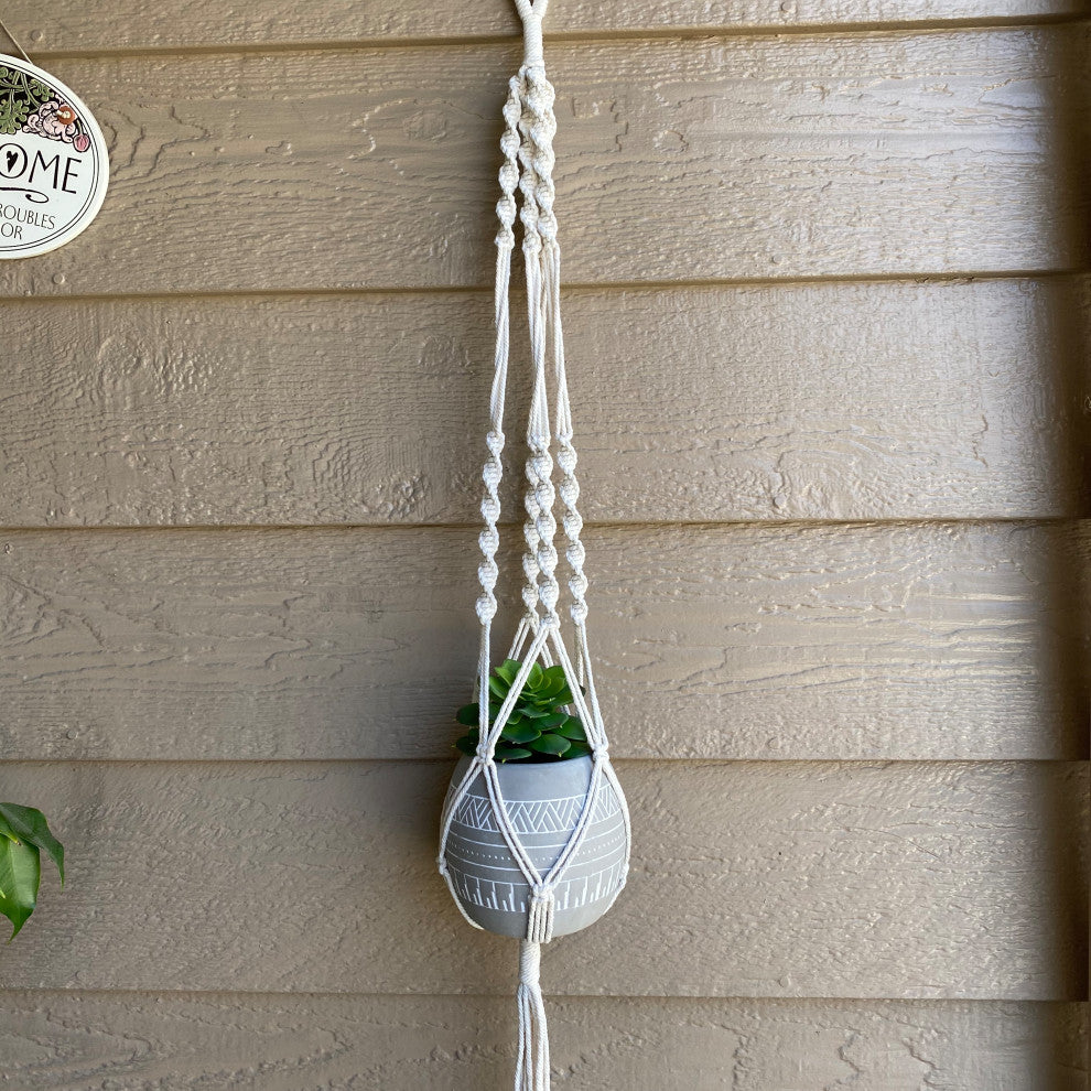 41" Hanging Macrame With Aztec Ceramic Pot, Grey