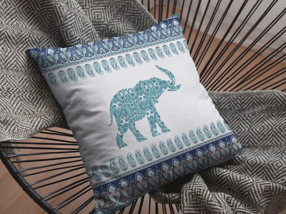 16" Teal Ornate Elephant Suede Throw Pillow