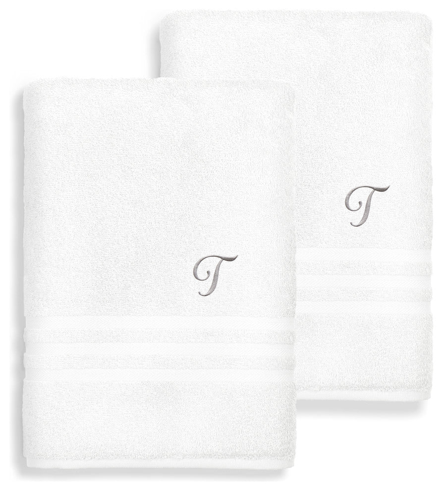 Denzi Bath Towels With Monogrammed Letter, Set of 2, T