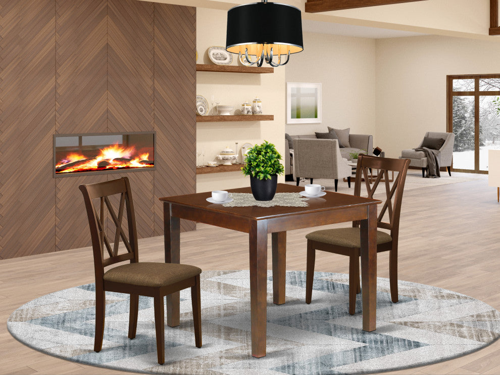 3Pc Dinette Set, Square Kitchen Table, Two Dining Chairs, Mahogany Finish