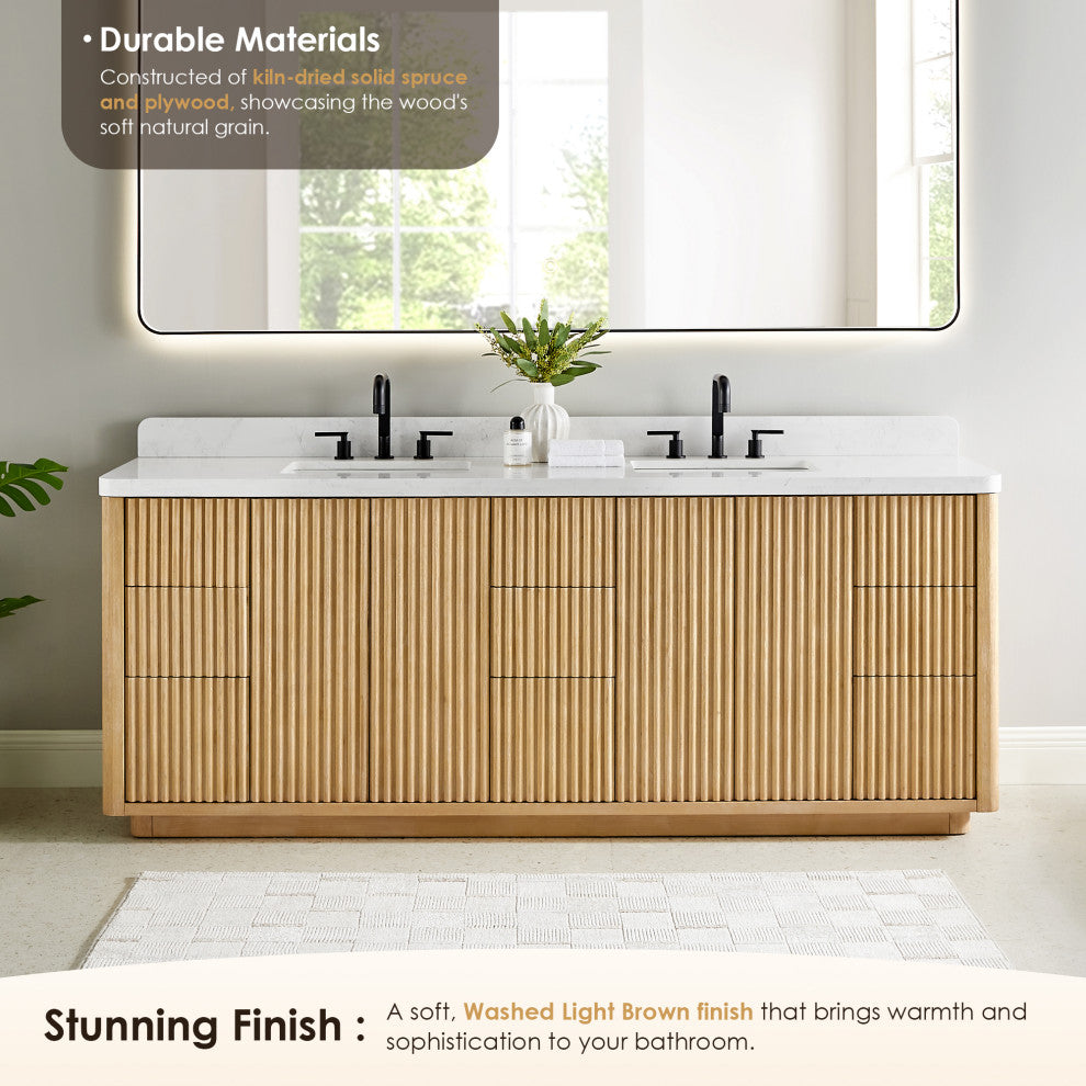 Clayton Bathroom Vanity, Washed Light Brown, 84", No Mirror