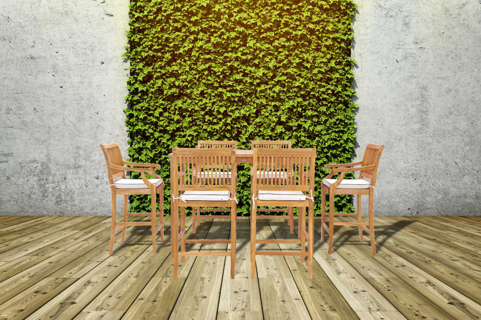 7 Piece Teak Wood Castle 63" Rectangular Bistro Bar Set, 6 Barstools with Arms