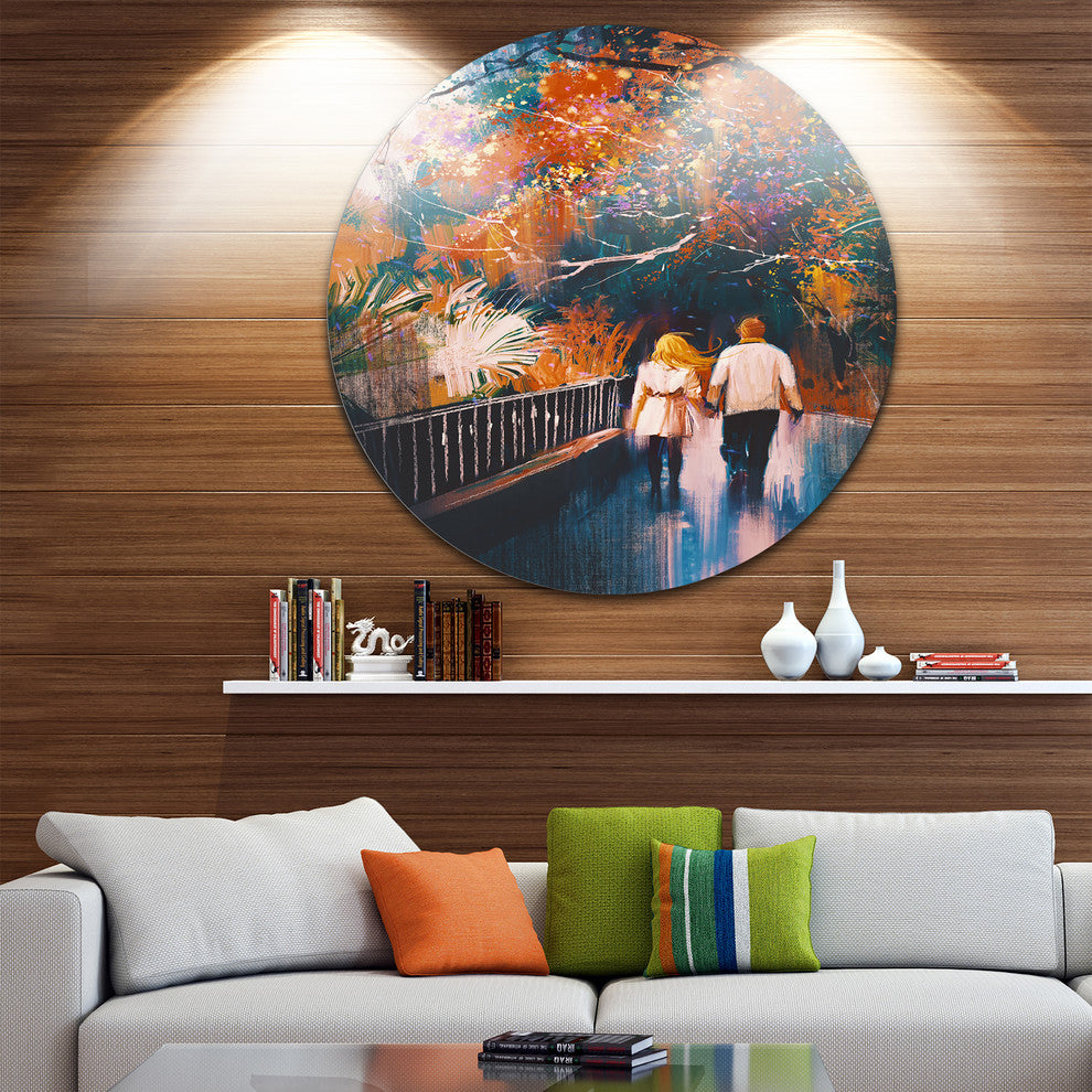 Couple Walking Holding Hands, Landscape Disc Metal Artwork, 11"