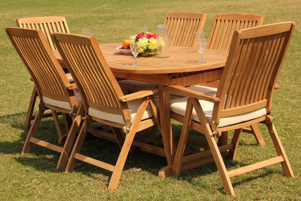 7-Piece Outdoor Teak Dining Set: 94" Masc Oval Table & 6 Marley Reclining Chairs