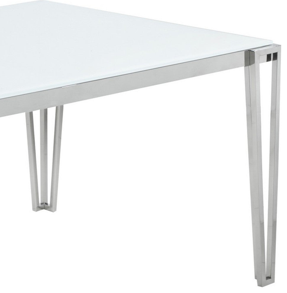 Benzara BM242102 Dining Table With Glass Top and Metal Legs, White and Chrome