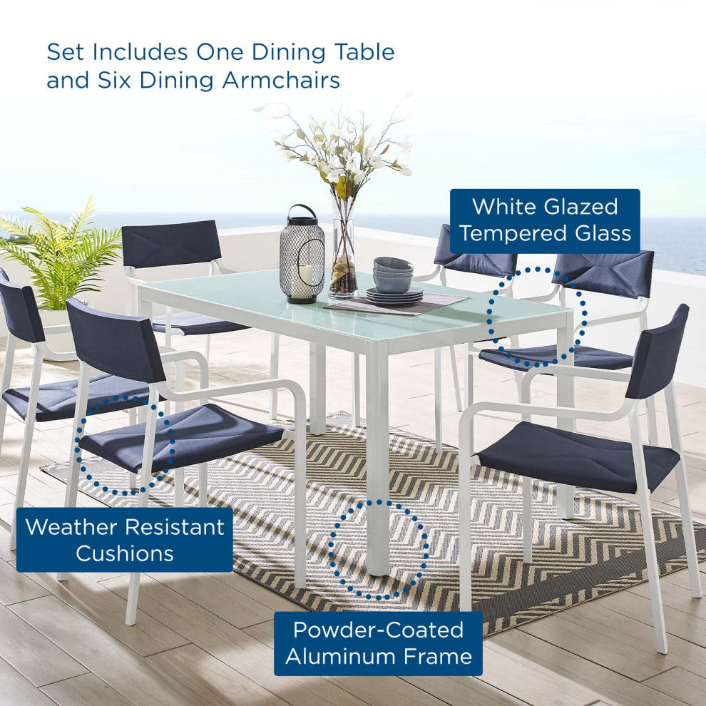 Side Dining Chair and Table Set, Aluminum, Metal, White Blue Navy, Outdoor