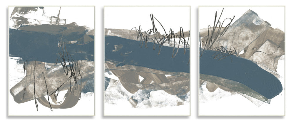 Abstract Line Painting Bold Blue Busy Grey Movement,3pc, each 10 x 15
