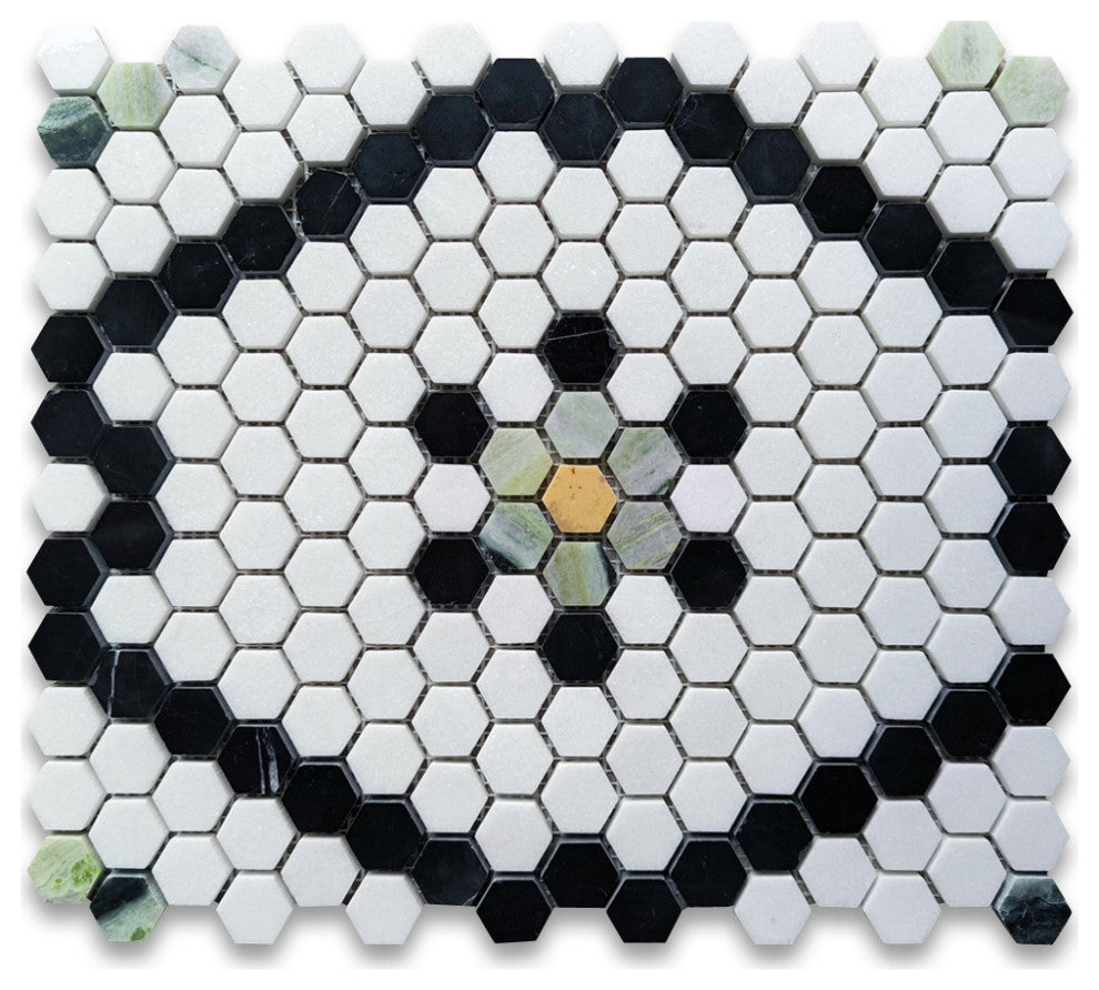 Thassos White Marble Hexagon Historic Snowflake Mosaic Tile Green, 1 sheet