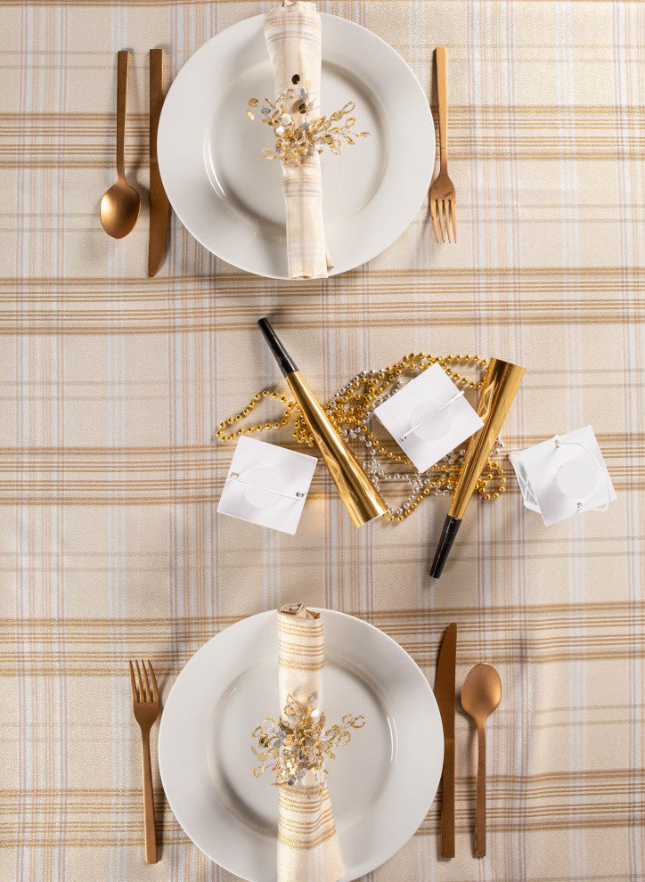 Cream Metallic Plaid Tablecloth 70 Round